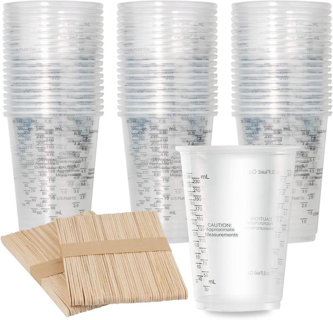 100pcs 8oz Graduated Clear Plastic Measuring Cups with 100pcs Wooden Stirring Sticks for Mixing Paint, Pigments, Epoxy Resins, Resins