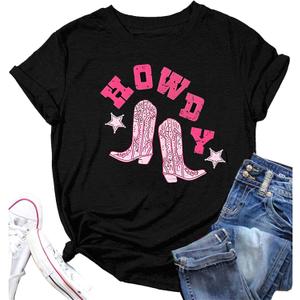 Western Cowgirl Cowboy Howdy Boots T-Shirt for Women Party (Large, Black)