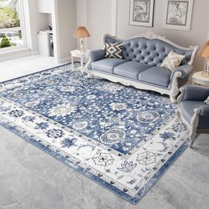 Vamcheer Area Rugs for Living Room - 9x12 Washable Area Rug for Bedroom Dining Room Kitchen Indoor Rugs, Soft Machine Washable Vintage Carpet, Blue
