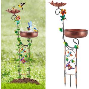 2 In 1 Bird Bath for Outside, Free Standing Tall Metal Bird Baths Bowls & Bird Feeder Combo for Outdoors Garden Yard Lawn, Detachable Birdbaths with Hummingbird Decor, Antique Copper