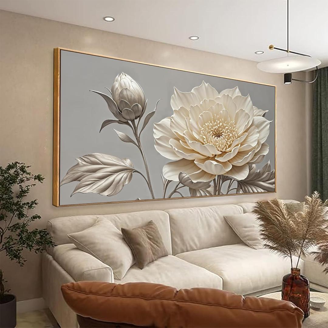 Large Wall Art Living Room Home Wall Decor Modern Canvas Art Wall Decor 29 X 58 Inches White Flower Wall Art Painting Print Elegant Silver White Flower Picture For Bedroom Office Artwork With Framed, 58"L x 29.5"W