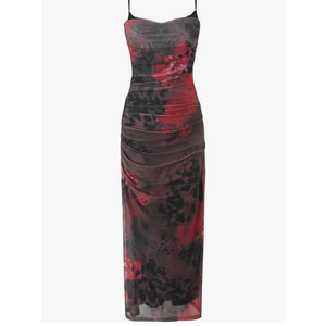 Women's Vintage Floral Print Pleated Fitted Suspender Dress Sleeveless Backpack Hip Dress, L