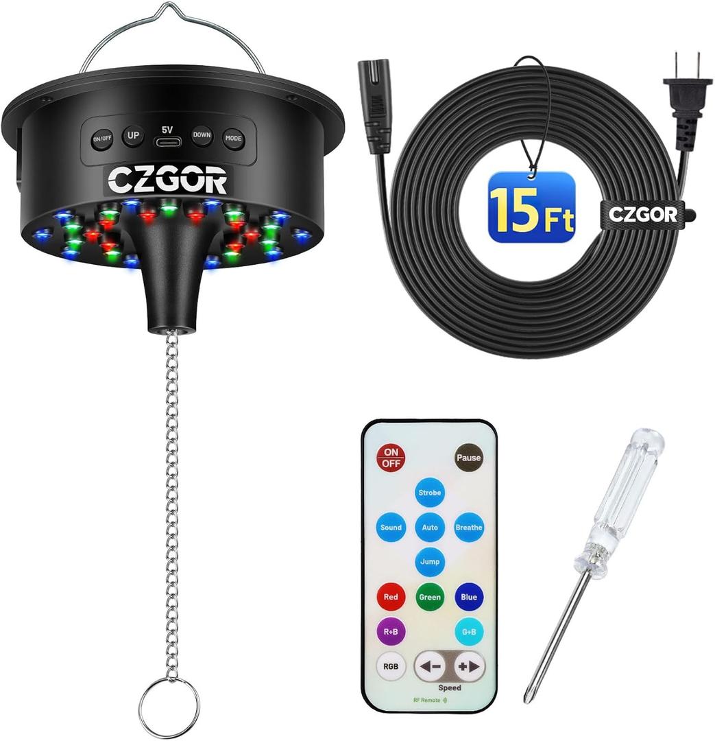 Disco Ball Motor with Remote, 0-15RPM Adjustable Speed Rotating Disco Ball Spinner, 30 RGB LEDs, 15ft Power Cable, Support 4''~16'' Mirror Balls, for DJ Party Home Bands Christmas Wedding Camping