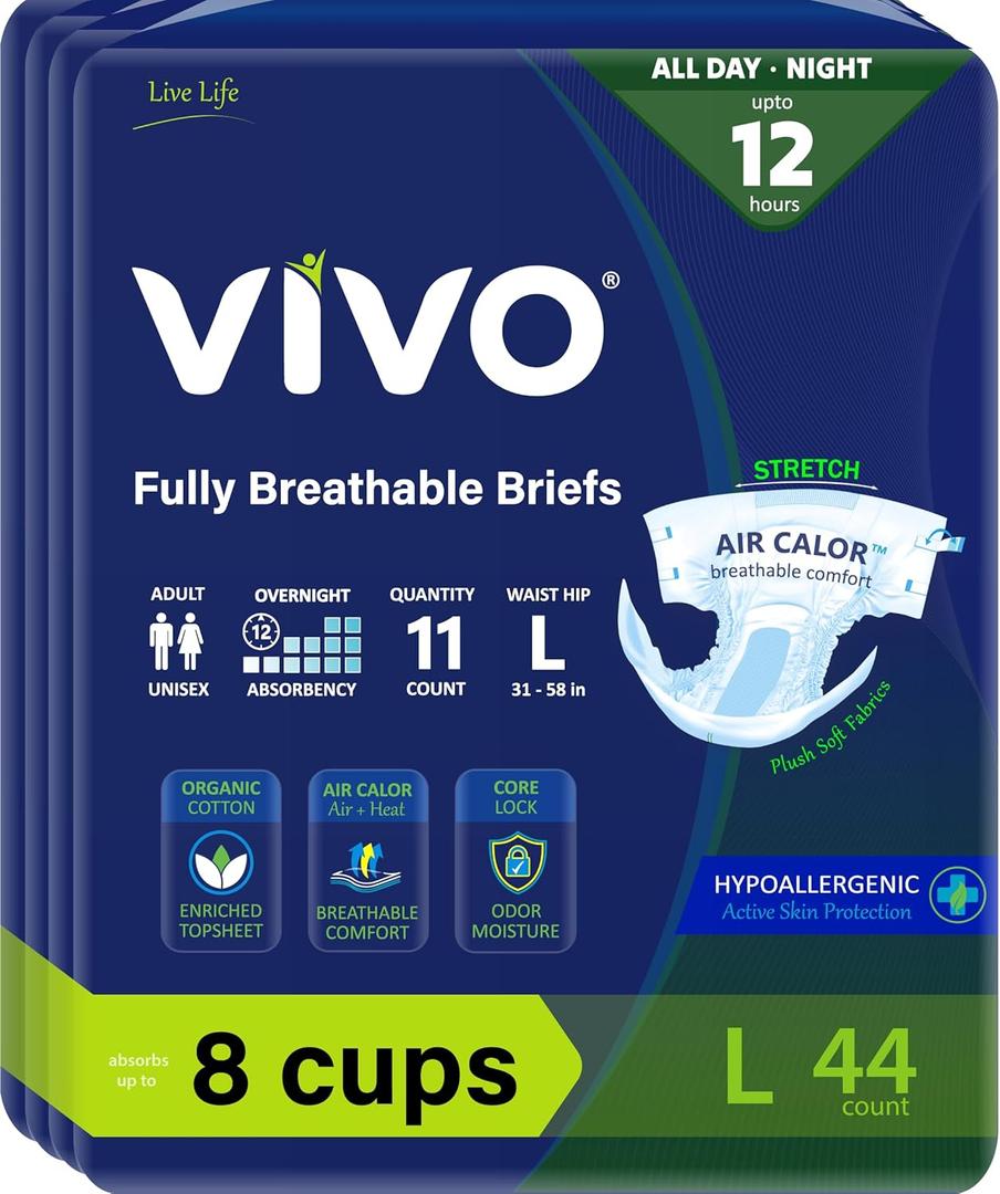 VIVO Organic Cotton Overnight Sensitive Skin Adult Incontinence Diaper Briefs with Tabs, Large, 44 Count
