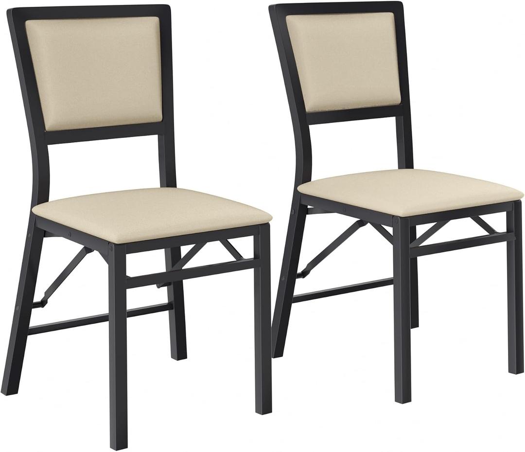 VECELO Folding Dining Chairs Set of 2, Metal Padded Foldable Seating with Comfortable Faux Leather, Space-Saving Portable Guest Seats for Kitchen & Office, No Assembly, Creamy Beige, 18"D x 18"W x 33.5"H