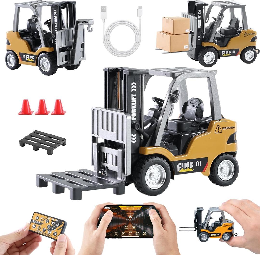 GRANTLEY Remote Control RC Forklift Cranes,1/64 Mini Rechargeable Forklift Truck,2 in 1 Transform Lift Fork & Hook, w/Boxes/Sound and Light, Forklift Toy RC Construction Vehicles Toy Gift for Kids