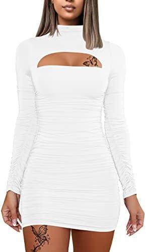 DAAWENXI Women's Sexy Long Sleeve Cut Out Bodycon Ruched Party Club Mini Dress (S, White)