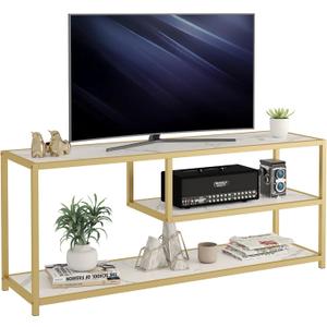Function Home TV Stand for TVs up to 55 Inch, 3 Tier Entertainment Center, Media Console with Open Storage Shelves for Living Room Bedroom, 47 Modern TV Table with Faux Marble Top Gold Metal Leg (47" Gold)
