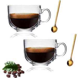 Large Clear Glass Coffee Mugs Set of 2,14.8 oz(440ml)-Wide Mouth Tea Cups with Handle and Spoon Transparent Drinking for Cappuccino Cups, Latte, Milk color 4 Piece