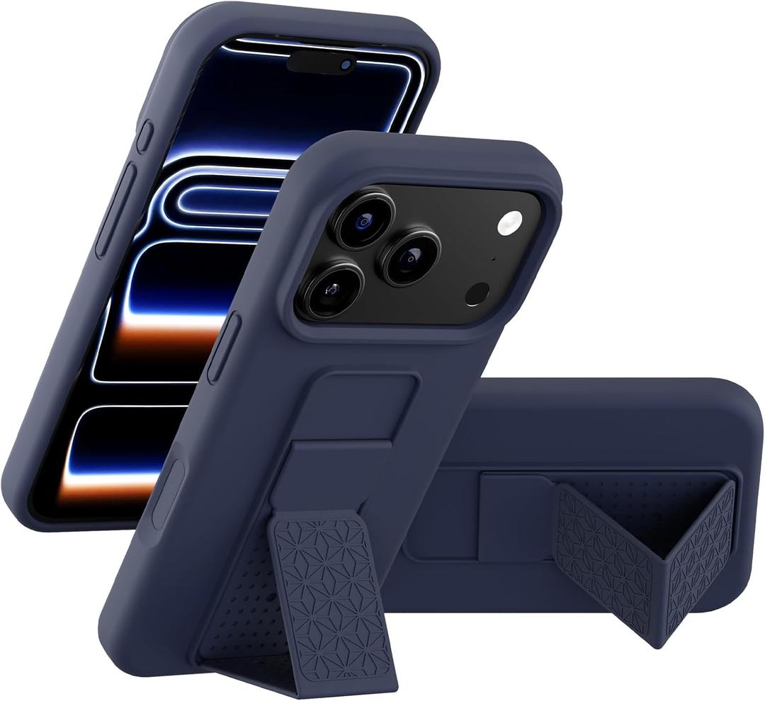 LAUDTEC Silicone Kickstand Case Compatible with iPhone 17 Pro Max, Vertical and Horizontal Stand Hand Strap Metal Kickstand Cover, Flexible Soft Liquid Silicone Stand Case for iPhone 17 Pro Max (Blue)