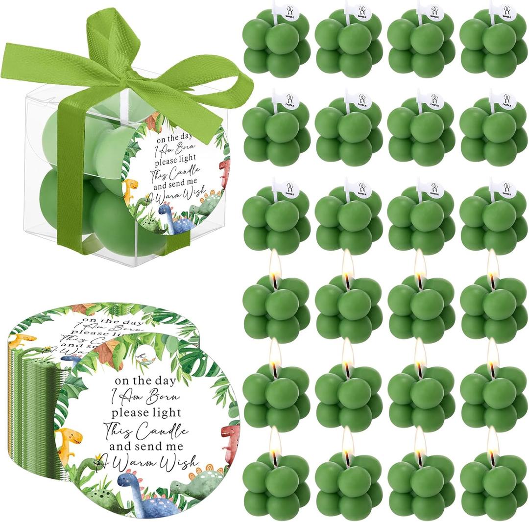 MTLEE 24 Sets Dinosaur Baby Shower Favors Small Bubble Candle Baby Shower Favors for Guests Tea Candles Bulk with Stylish Ribbons Cards Gifts Party Decoration(Army Green,Dinosaur)