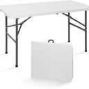 SUPER DEAL Portable 4 Foot Plastic Folding Table, Small Indoor Outdoor Heavy Duty Fold-in-Half Picnic Party Camping Barbecues Table with Carrying Handle, White