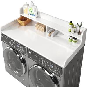 2-Tier Washer and Dryer Countertop with 2.75" H Guard,54" W x 27.5" D Laundry Countertop Cover with Non-Slip Pad,Large Space Laundry Topper for Folding Clothes Over Washer and Dryer-White, Standard-2 Tier