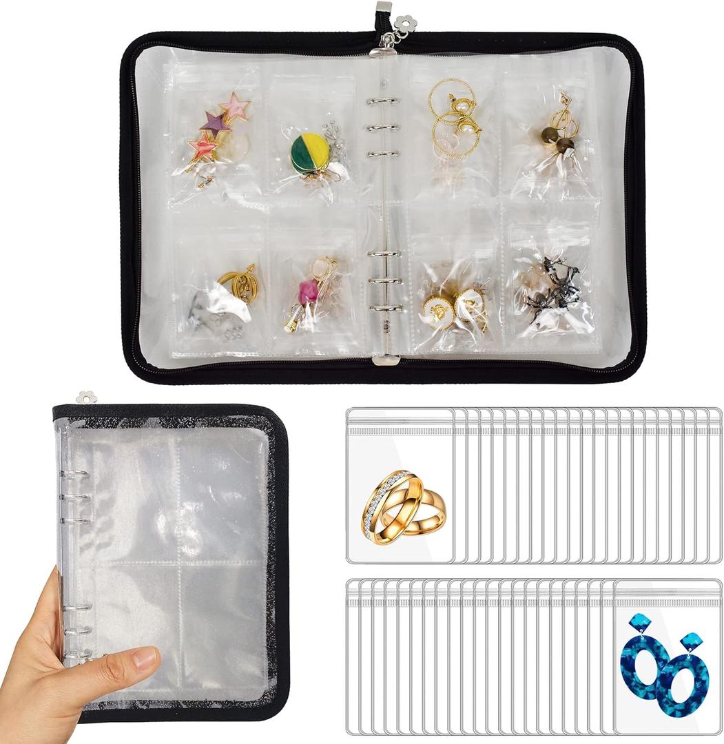Earring Organizer Case Travel Jewelry Organizer Transparent Jewelry Storage Book for Necklace Bracelet Ring Holder with Small Clear Zippered Pouch (Black,80 PCS Small Bags)