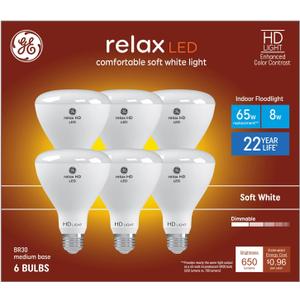 GE Relax 6-Pack 65 W Equivalent Dimmable Soft White Br30 LED Light Fixture Light Bulb 22 Year Life