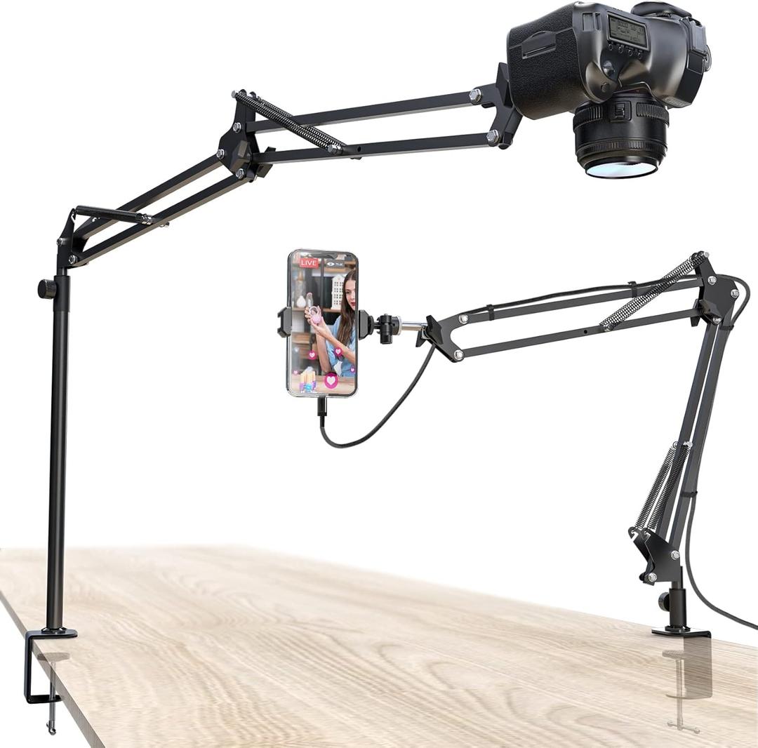 Overhead Camera Mount, Desk Camera Mount with Articulating Arm, 5lb Load Capacity, 360 Adjustable Stand for Phone/DSLR/Webcam, C-Clamp Tabletop Mount for Video Recording, YouTube, Live Streaming