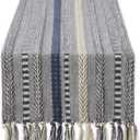 DII Farmhouse Braided Stripe Table Runner Collection, 15x72 (15x77, Fringe Included), French Blue
