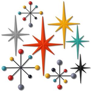 8 Pcs Retro Wall Decor Metal Mid Century Modern Art Retro Vintage Colors 3D Star Atomic Sculpture Iron Starburst Vintage Celestial Metal Wall Decor Accent Hangings for Home Office Room