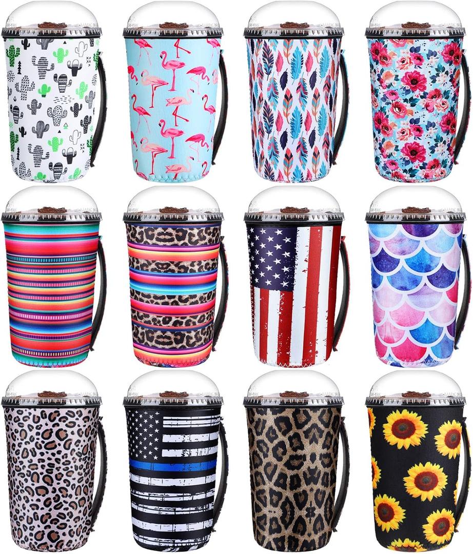 Boao 12 Pieces Reusable Iced Coffee Cup Sleeve Insulator Neoprene Beverages Cup Holder for Tumbler Hot Cold Drinks,with Handle(Elegant Style,24 Ounce (pack of 1))