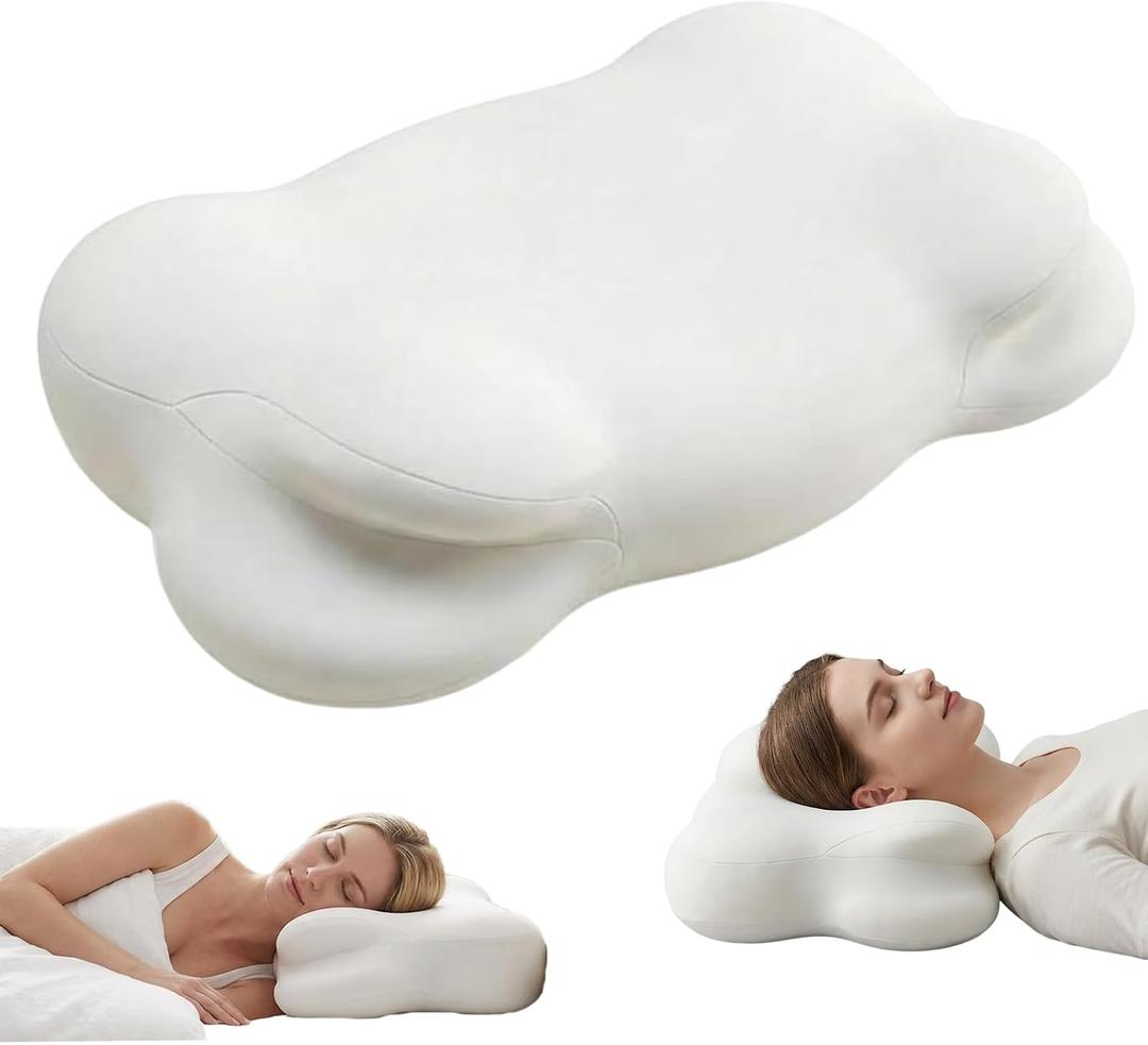 Cloud Pillow, Ergonomic Memory Foam Cervical Neck Support Pillow with Breathable Pillowcase, Adjustable Dual-Height Design for Side Back Stomach Sleepers (White)