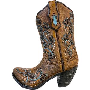 Top Brass Cowboy Boot Pen / Pencil Holder  4.75 Western Resin Boot with Embossed Turquoise & Studded Detailing  Desk Organizer, Small Vase, or Rustic Home Decor Accent