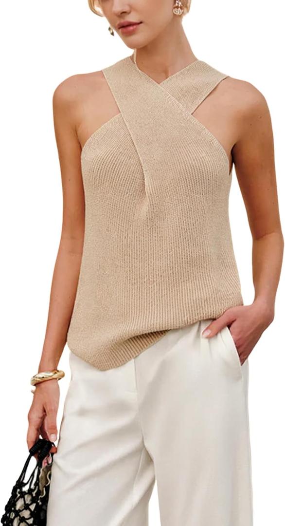 Yeokou Women Halter Cross Over Collar Tank Knit Sleeveless Top Solid Color Casual Summer Blouse(Khaki-M)