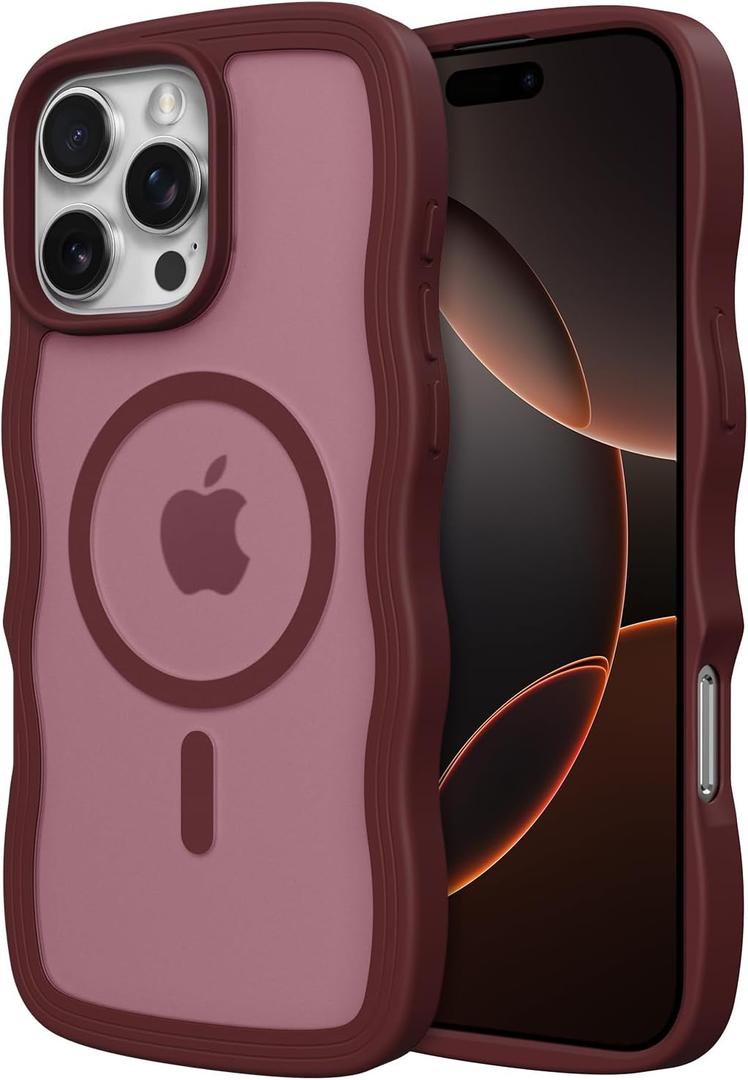 ZTOFERA for iPhone 15 Pro Max Phone Case Compatible with MagSafe, Curly Wave Frame & Matte Translucent Hard Back, Soft Silicone Bumper Shockproof Protective Magnetic Phone Cover-Wine Red
