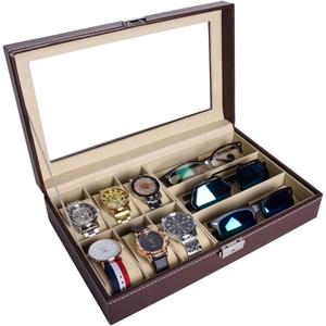 AUTOARK Leather 6 Watch Box Jewelry Case and 3 Piece Eyeglasses Storage and Sunglass Glasses Display Case Organizer,Brown,A (9 Slot)