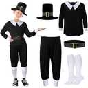 Patelai 5 Pcs Thanksgiving Day Pilgrim Boy Costume Shirt Trousers Cap Socks Belt Children Colonial Pilgrim Outfit Cosplay (Child's Large)