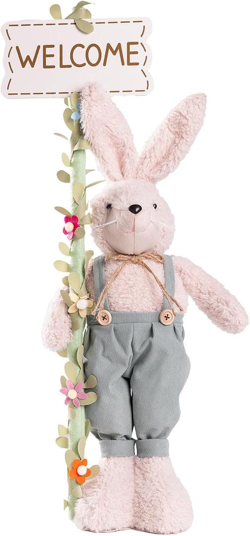 unanscre Standing Easter Bunny Gnome Decoration with 20.5''-24''Adjustable Wooden Sign, Stuffed Rabbit Doll Plush for Easter Spring Home Decor, Indoor/Outdoor Porch, Farmhouse Ornament