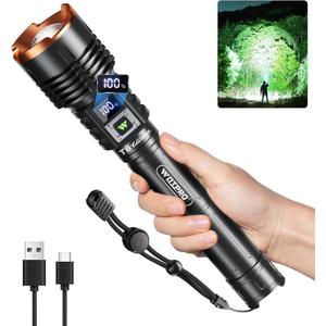 WdtPro Rechargeable LED Flashlights High Lumens, Super Bright 90000LM Rechargeable Flashlight with LCD Display, 5 Modes & Waterproof Powerful 10000mAh Handheld Flashlight for Camping Emergency (Dark Gray)