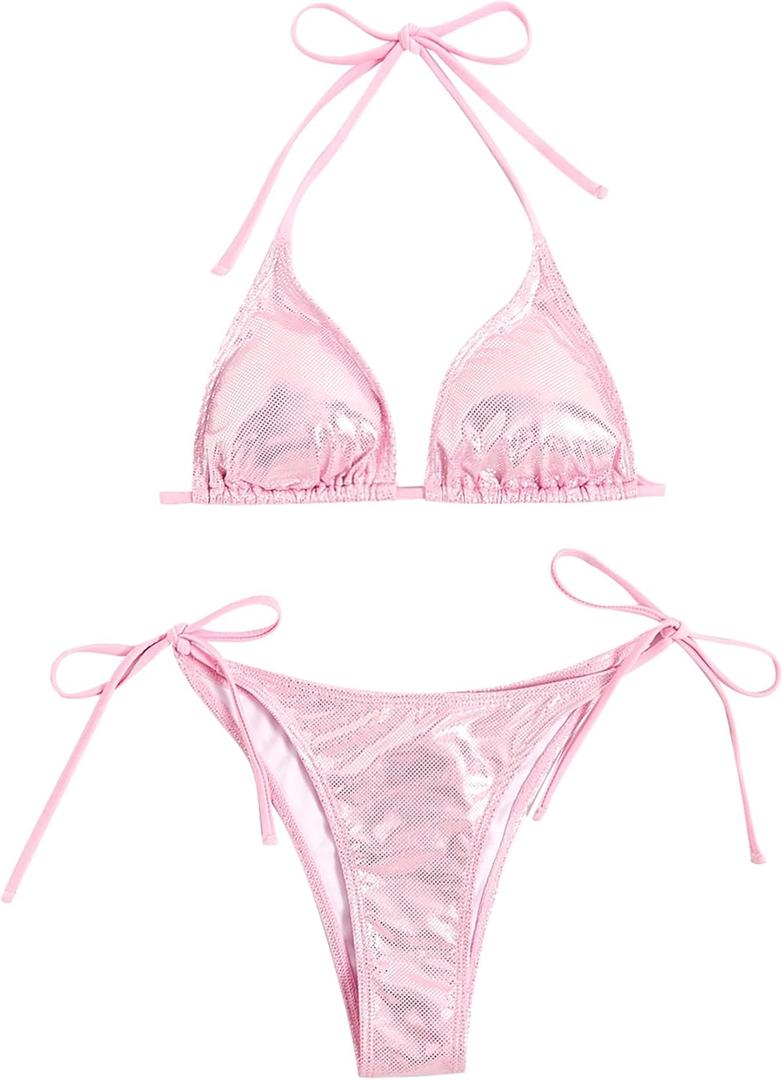 Verdusa Women's 2 Piece Bathing Suit Glitter Triangle Top Tie Side Thong Bikini Swimsuits (Pink)