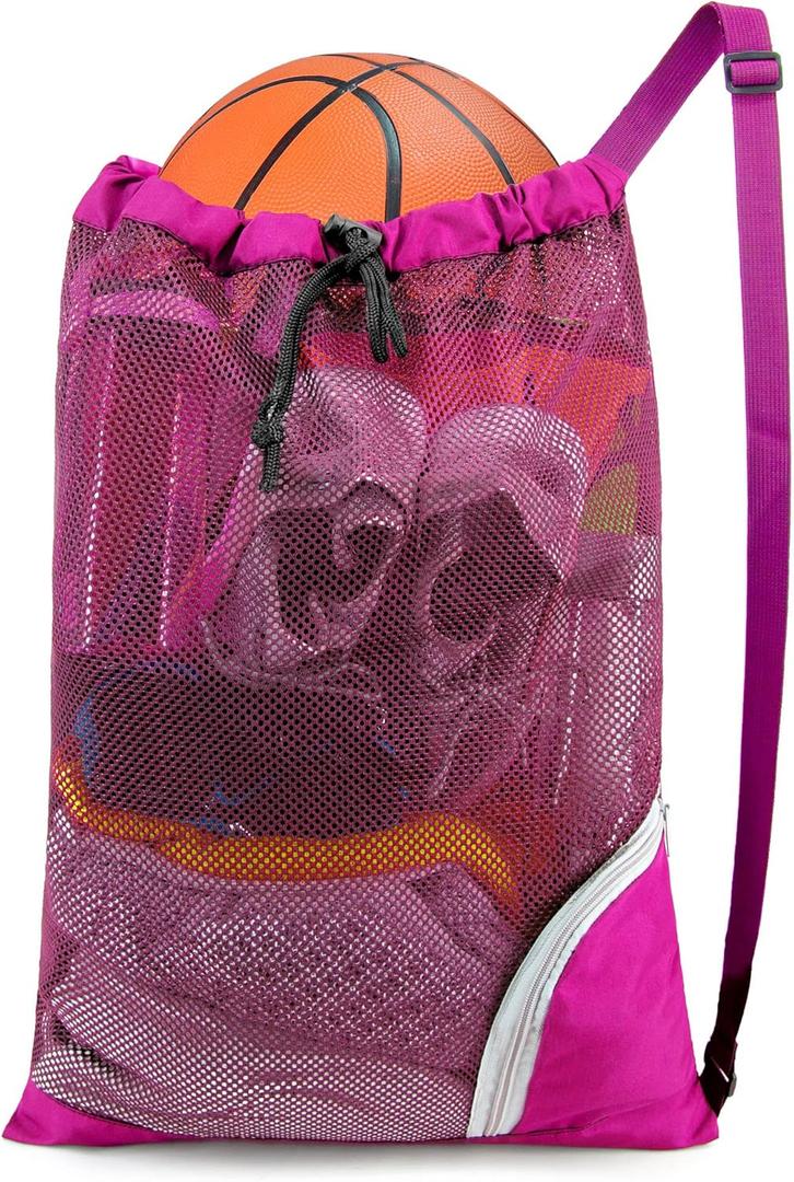 BeeGreen Mesh Drawstring Bag Swim Backpack for Beach Pool Sports Gym Draw String Cinch Bags for Swimming Soccer Basketball Gear Rose Red