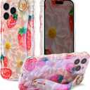 UEEBAI for iPhone 16 Plus Case, Oil Painting Flower Case with Phone Grip Pretty Glossy Wave Cover Cute Floral Curly Cover with Phone Finger Strap Stand for Women Girl, Strawberry