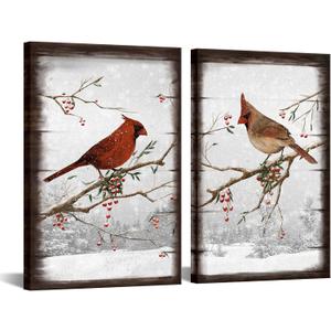 iHAPPYWALL 2 Pieces Cardinal Canvas Wall Art Red Bird on Snowy Branch Winter Scene Landscape Love Birds Picture for Bedroom Living Room Decor Ready to Hang 16x24inchx2pcs