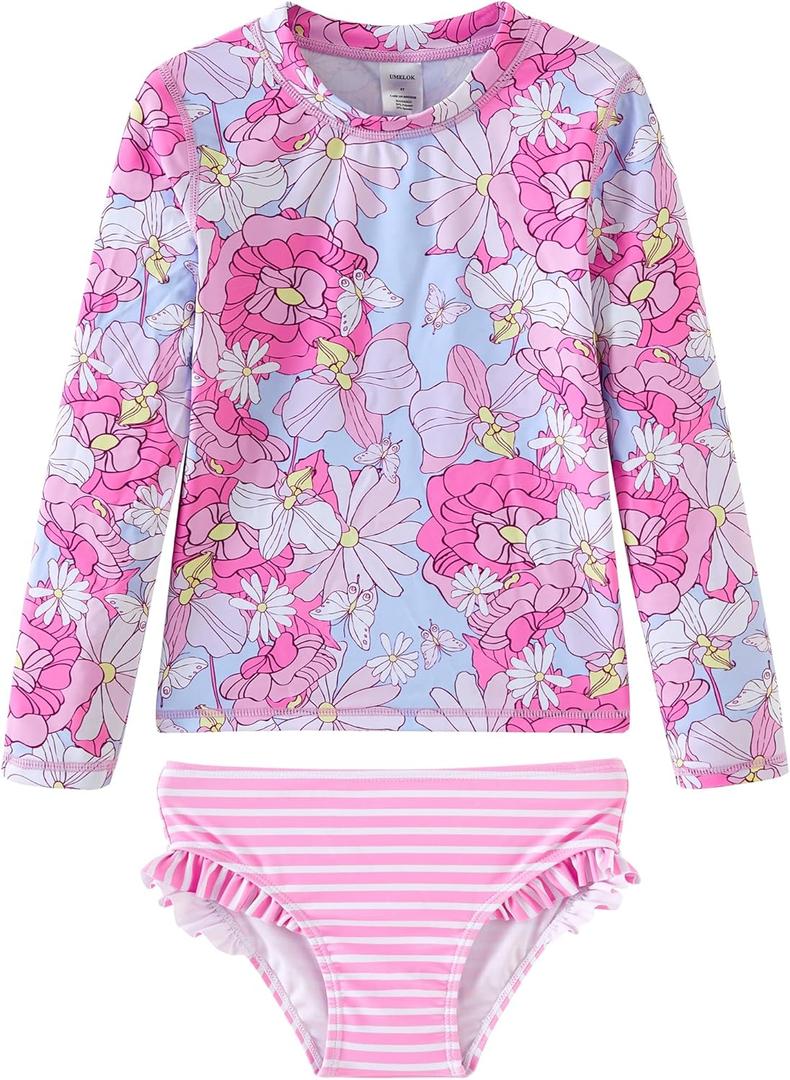 UMELOK Toddler and Little Girls Rash Guard Sets with Bikini Bottoms Swimwear (14 Years, Pink, Dahlia)