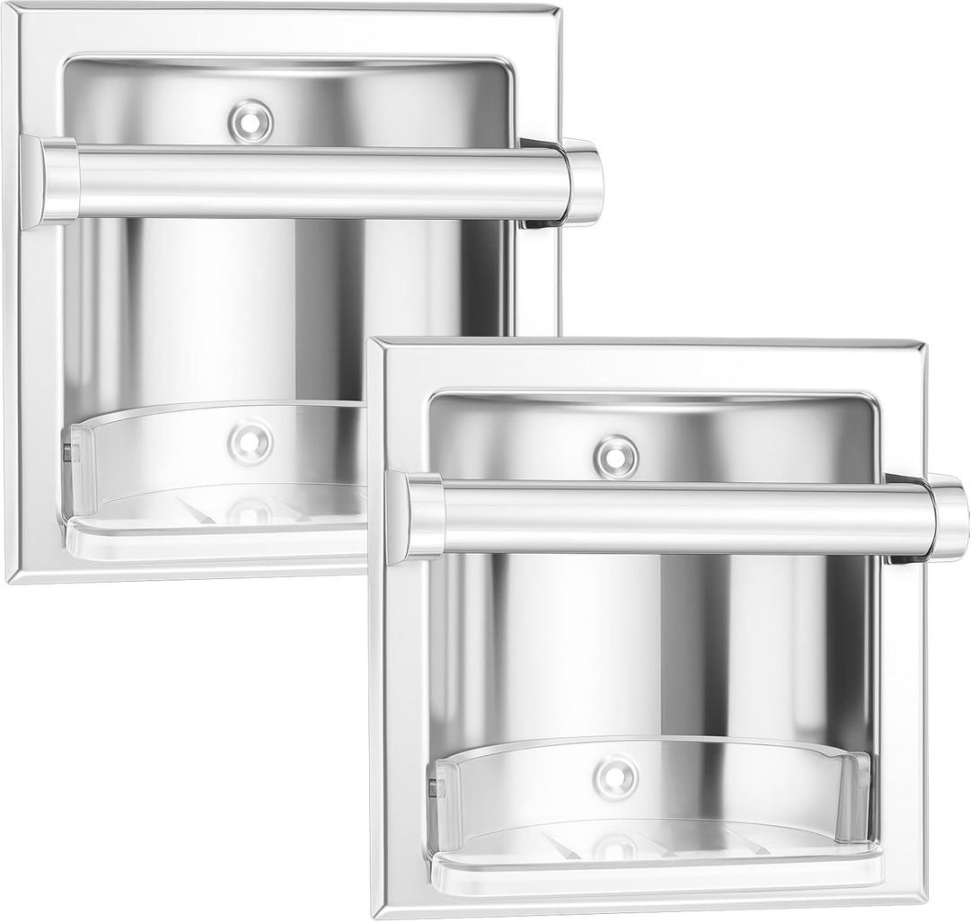 2 PCS Recessed Soap Holder with Bar, Stainless Steel Durable Soap Dish Wall Mount for Bathroom Space Saving Design Holder for Shower Bathroom Bathtub Kitchen Sink