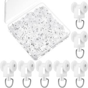 Barydat 100 Pcs Curtain Track Glider Rollers Hooks Ceiling Curtain Track Plastic Rail Gliders Dual Wheel Roller Carriers for Ceiling Drapes Room Dividers