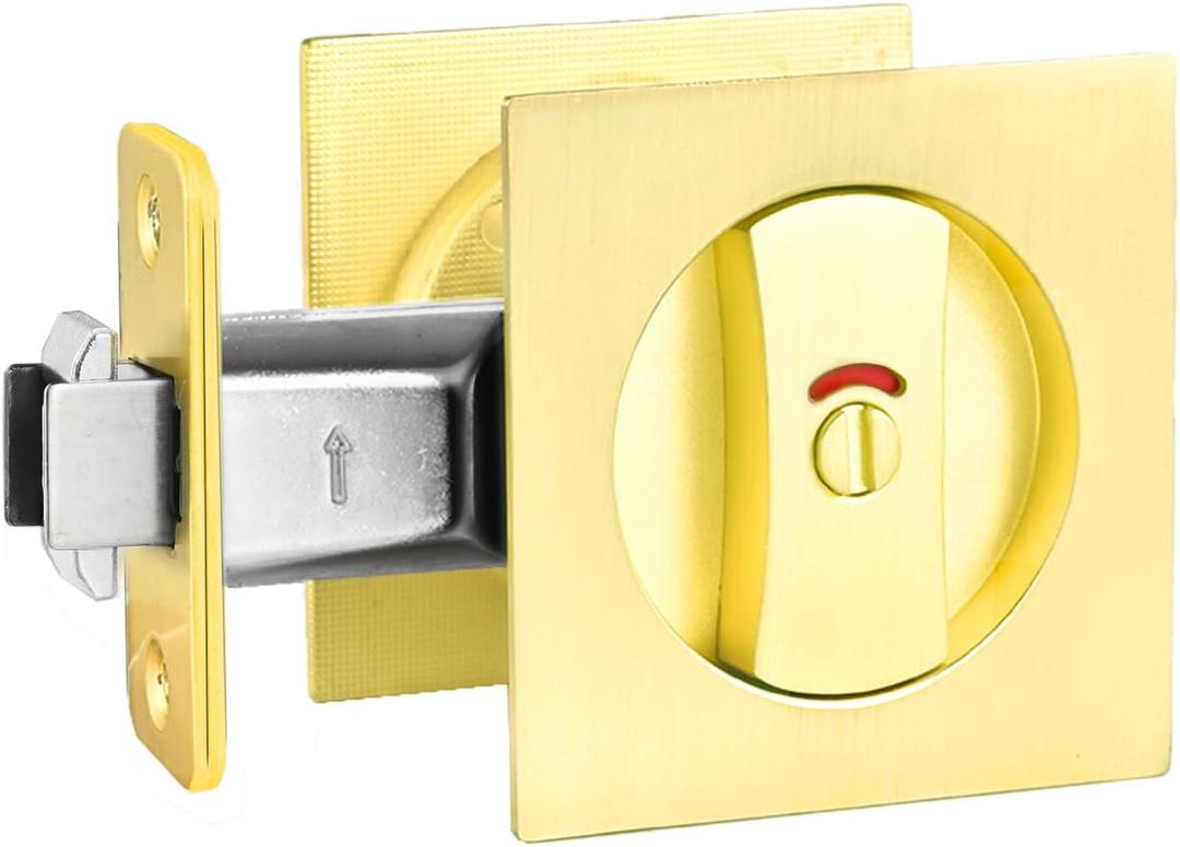Brushed Gold Pocket Door Hardware with Indicator, Heavy Duty Square Pocket Door Lock, Brass Pocket Door Hardware(1 Pack) Brushed Gold Pocket Door Hardware with Indicator, Heavy Duty Square Pocket Door Lock, Brass Pocket Door Hardware(1 Pack)