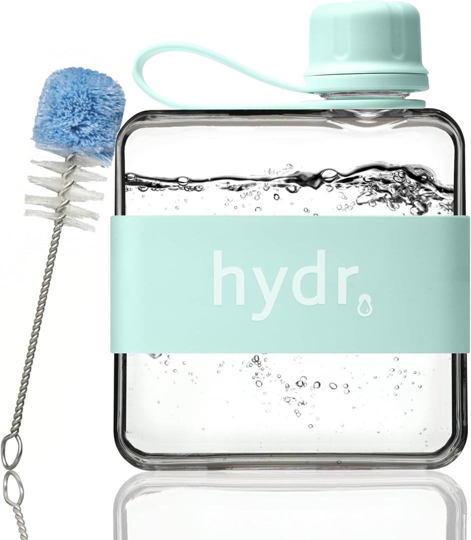 hydr Flat Water Bottle | Mini Slim Square Small Leakproof Reusable Bottle for Bags, Travel & Gym, 12oz BPA-Free Tritan Portable Hydration Flask (Lake Blue)