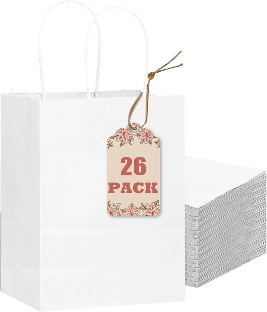 qiqee 26-Packs White Gift Bags with Handles Bulk 8.3"x3"x 6" Small Size Paper Bags Multiple Uses (Small Size)