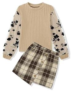 Auiopila Girl Clothes Girls Outfits Flare-lace Sleeve Top and Plaid Skirt Dress Fall Winter 2Pcs Girls Clothes 6-14T (7-8 Years, Beige)
