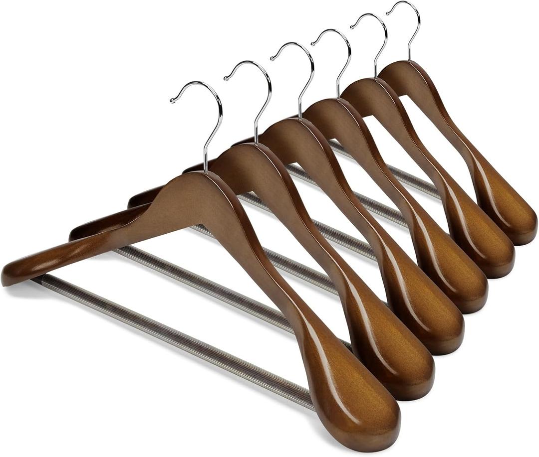 HOUSE DAY Wide Shoulder Wooden Hangers, Suit Hangers with Non Slip Pants Bar, Smooth Finish 360° Swivel Hook Solid Wood Coat Hangers for Dress, Jacket, Pants, Heavy Clothes Hangers 6 Pack (Walnut)