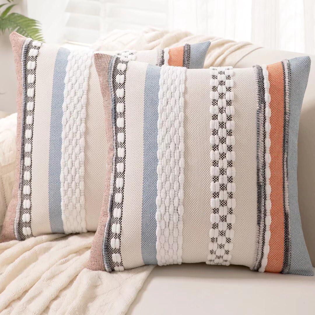 Boho Throw Pillow Covers 18x18 Set of 2 Farmhouse Decorative Cushion Case Striped Square Pillows Cover Chenille Pillow Cases Accent Neutral Pillowcase for Sofa Couch Bed,Orange-Blue