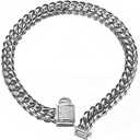 Pet Dog Collar, Top Stainless Steel Dog Chain Training Collar, 14mm Silver Tone Cuban Curb Chain Dog Collar, with White Zirconia Lock Dog Collars(14mm Silver,20inch)