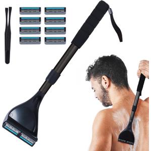 Back Shaver for Men - Retractable Long Handle Back Hair and Body Shavers,Replaceable Multi-Layer Double Blades8PCS, Ergonomic DIY Wet or Dry Shaving SolutionBlack