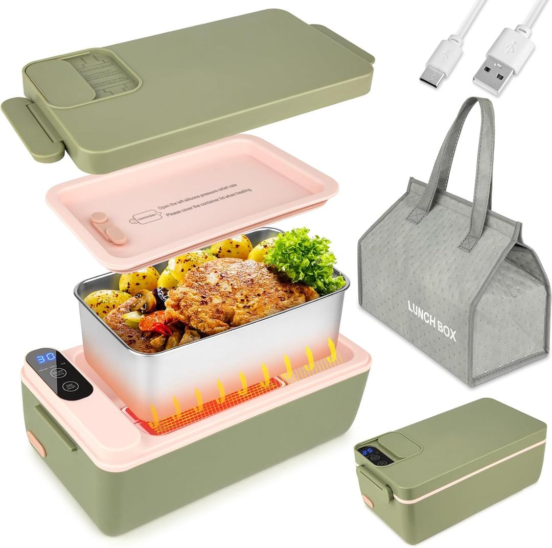 Cordless Electric Lunch Box, Cordless Food Warmer, Battery Powered Heated Lunch Box, 1L 304 Stainless Steel Container, Warming Time Selectable, HD Display (Green)
