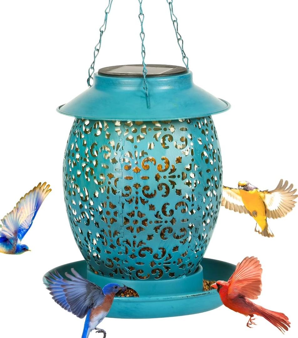 Solar Bird Feeder for Outdoors Hanging, Waterproof Metal Outside Wild Bird Feeders, Cardinals Birdfeeder, Gifts for Bird Lovers, Lantern Light, Backyard Garden Decor (Blue)