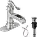 Waterfall Bathroom Faucet Bathroom Sink Faucet Farmhouse Single Handle 1 Hole with Pop Up Drain Assembly Vanity Water Supply Hose, Brushed Nickel