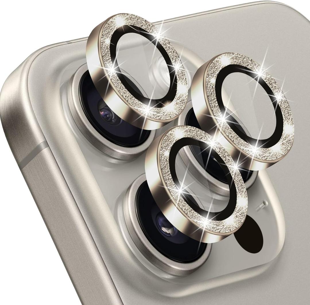 Compatible with iPhone 15 Pro & 15 Pro Max Camera Lens Protector, Bling Glitter Diamond Lens Cover 9H Tempered Glass Camera Cover Anti Scratch Shockproof Screen Protector - Natural Titanium